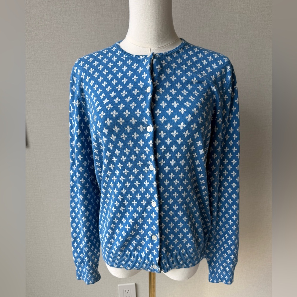 Lands' End Blue Fleur-de-Lis Button Cardigan